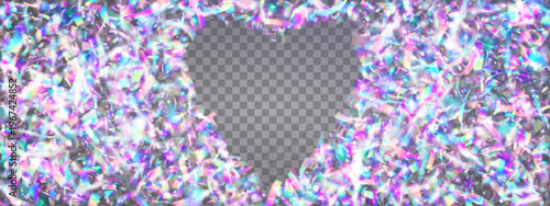 Hologram Tinsel For Carnival In Heart Shape.  Disco Background With Prism Flares And Rainbow Light Effects. Valentine And Wedding Background For Love Concept. Blue And Purple Hologram Tinsel