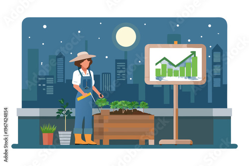 Person gardening on a rooftop overlooking a nighttime city skyline