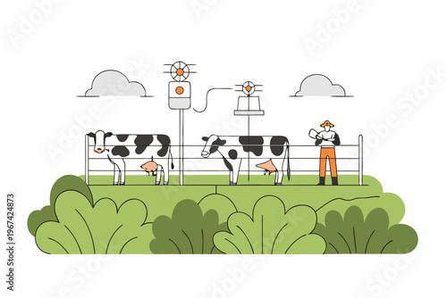 A farmer monitors cows with robotic milking machines in a pastoral scene