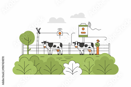 A modern farm scene depicting a cow monitored by smart technology