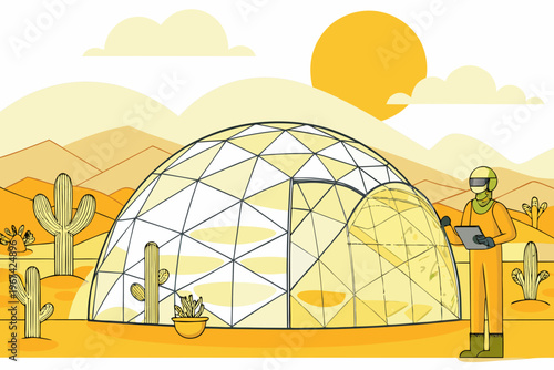 Futuristic desert scene featuring a geodesic dome and astronaut researcher