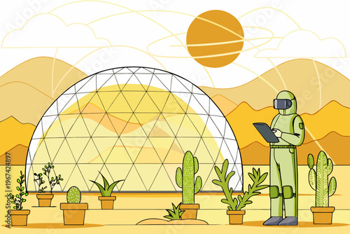 Futuristic habitat with astronaut examining data amidst desert landscape