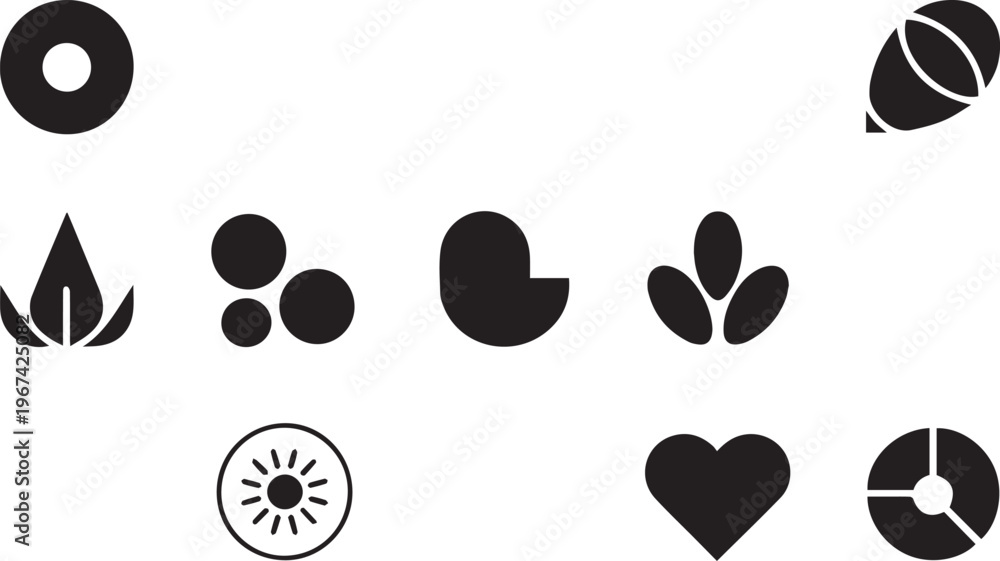Fototapeta premium Abstract black shapes and miscellaneous icons featuring heart leaf and geometric symbols for creative logo design and brand identity work