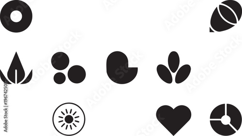 Abstract black shapes and miscellaneous icons featuring heart leaf and geometric symbols for creative logo design and brand identity work