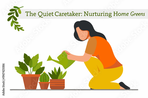 Woman watering potted plants showing care for indoor greenery