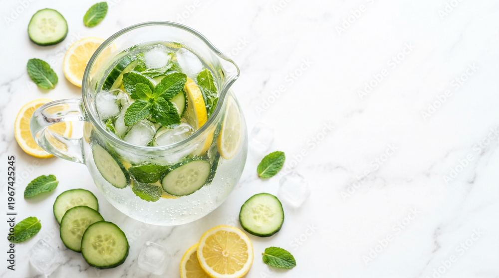 Fototapeta premium Fresh detox water in a glass pitcher with cucumber, lemon, mint and ice on white marble. Minimalist flat lay with wide copy space for healthy lifestyle and wellness concepts