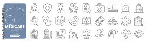 Medicare web line icon set with hospital, doctor, nurse, patient, insurance, treatment, ambulance, clinic and healthcare service symbol. Editable stroke