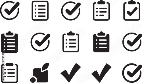 Checklist and confirmation icons illustrating task completion survey results and successful validation marks