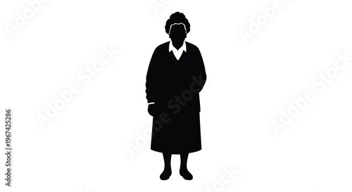 An elderly woman in traditional clothing a striking black silhouette