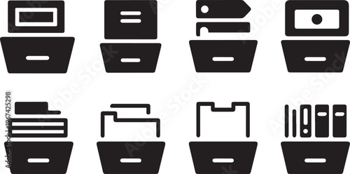 Collection of file drawer icons showing different document storage options for office organization data management and paper archive systems