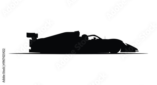 A black silhouette of a formula one racing car on a white background