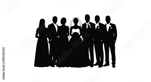 Wedding party in black featuring a bride and groomsmen silhouette