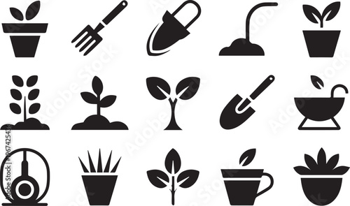 Gardening and horticulture icons representing plant care tools seedlings pots and cultivation elements