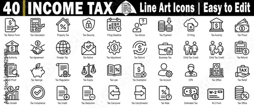 Income tax line art icons pack. Easy to edit, vector file. tax return form, tax calculation, property tax, tax security illustration.