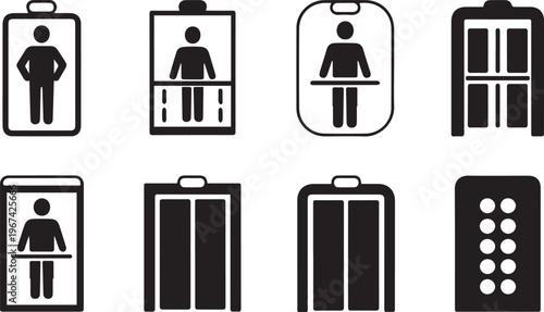 Set of black and white elevator and passenger icons perfect for representing vertical transportation and human movement