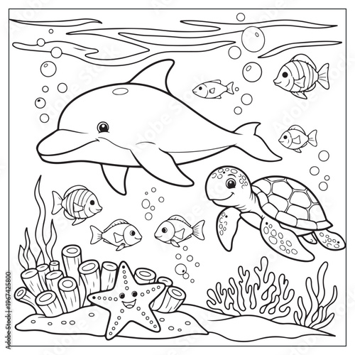 A playful dolphin turtle and fish swim among coral and bubbles