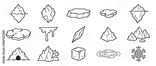 Collection of hand-drawn ice and winter elements, including icebergs, ice floes, melting ice, and a snowflake