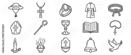 Collection of hand-drawn black and white religious symbols and objects, including a cross, rosary, and bible, in a clean line art style