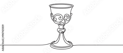 Single continuous line drawing of an ornate chalice with decorative swirls, rendered in a minimalist black and white style