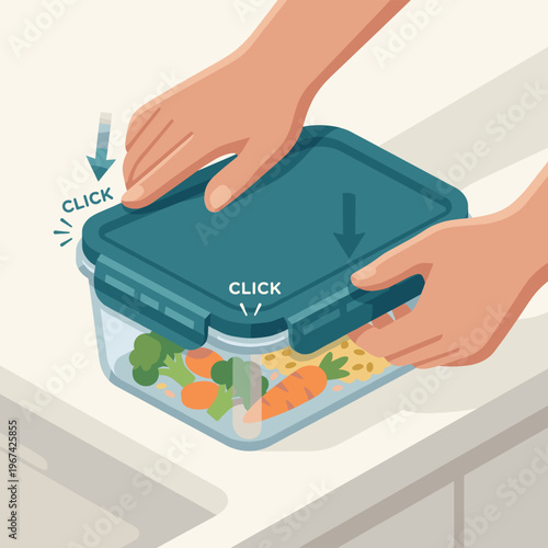 Hands sealing a plastic container with food in kitchen setting  