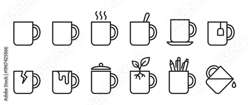 Collection of simple black outline coffee mug icons depicting various states and uses, presented in a clean, minimalist style