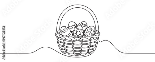 Continuous line drawing of a wicker basket filled with decorated Easter eggs, presented in a minimalist style