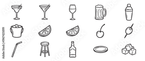 Collection of hand-drawn bar and cocktail elements, including various glasses, garnishes, and accessories in a clean, illustrative style