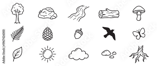 Collection of hand-drawn nature icons in black and white, depicting various elements of the natural world