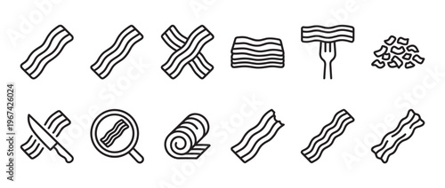 Various black outline bacon icons illustrating different forms and preparations of the popular breakfast meat, presented with a clean, minimalist style
