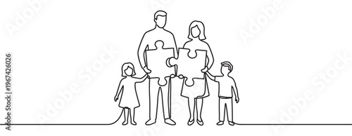 Continuous line drawing depicts a family of four, parents and two children, holding puzzle pieces together, symbolizing unity and connection