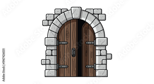 A sturdy dark brown wooden door with vertical planks and metal hinges is set within an arched light gray stone frame, featuring a central metal handle on a white background.
