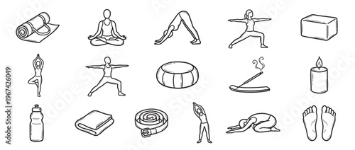 Collection of hand-drawn yoga and meditation icons, including various poses, accessories, and spiritual elements, rendered in a clean, illustrative style