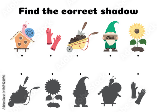 Kids shadow matching worksheet with garden objects and characters