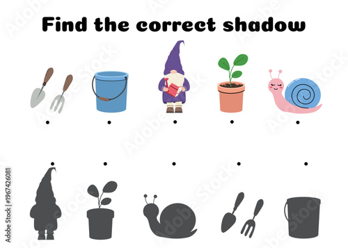 Find the correct shadow game worksheet with garden tools bucket gnome plant and snail fun educational activity for kids learning shapes and object recognition