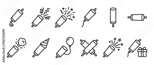 Collection of black outline party popper icons in various states of celebration, presented in a clean, graphic style