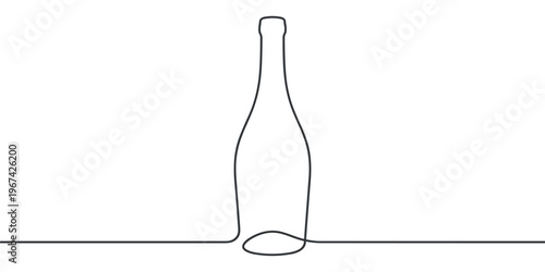 Single continuous line drawing of an elegant champagne bottle with a slender neck and curved body, presented in a minimalist style