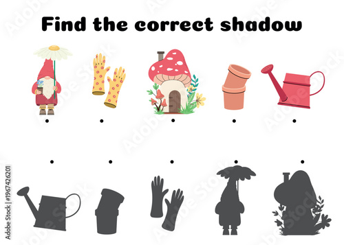 Find the correct shadow game with gnome gloves watering can and mushroom house