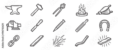 Collection of hand-drawn blacksmith tools and related items, including an anvil, hammer, tongs, and horseshoe