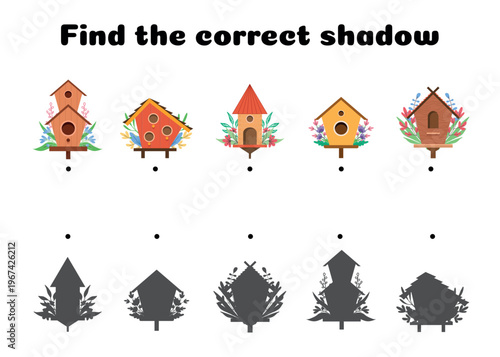 Find the correct shadow game with birdhouses educational worksheet for kids