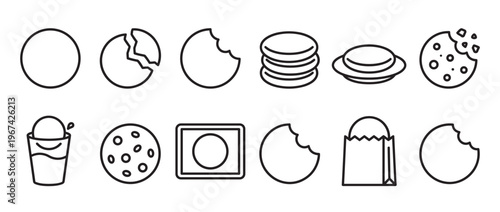Collection of simple line art icons depicting various cookie and biscuit forms, including whole, broken, bitten, stacked, and packaged