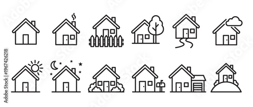 Collection of simple black outline house icons depicting various home scenarios and elements, presented in a clean, modern style