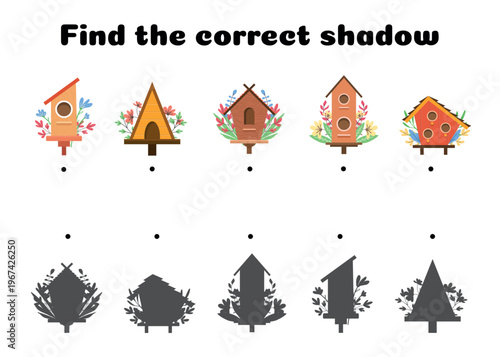 Find the correct shadow game worksheet with decorative birdhouses and floral elements fun educational activity for kids learning shapes matching and visual recognition