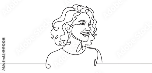 Smiling woman with curly hair is depicted in a continuous line drawing style, looking happily to the right
