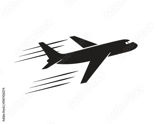 Airplane fly icon with speed lines, aircraft silhouette logo, aviation and travel concept vector illustration.