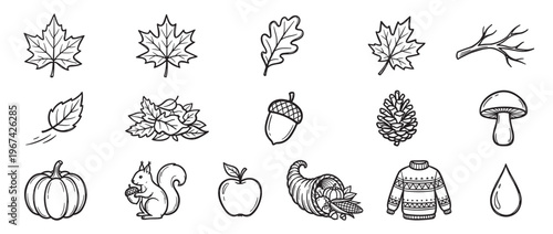 Collection of hand-drawn black and white autumn-themed icons including leaves, pumpkin, squirrel, acorn, pinecone, and cornucopia, presented with a clean, graphic style