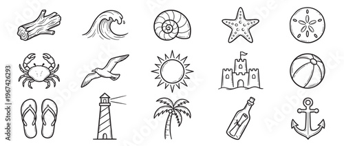 Collection of fifteen black and white hand-drawn summer and beach-themed doodle icons, featuring various elements like a crab, starfish, sandcastle, and palm tree