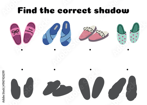 Kids shadow matching game with slippers shoes and footwear activity