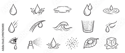 Various hand-drawn black and white water icons illustrate different forms and actions of liquid, showcasing drops, splashes, waves, and ice