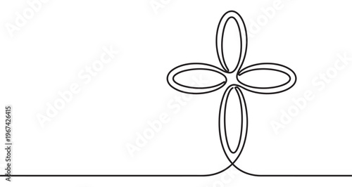 Minimalist continuous line art drawing depicts a stylized Christian cross with four petal-like shapes, symbolizing faith and spirituality