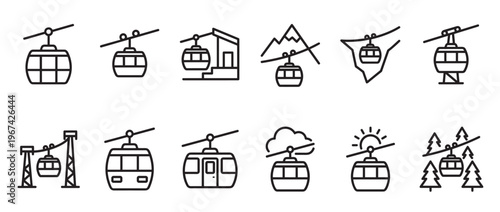 Collection of black outline cable car icons depicting various scenes like mountains, clouds, and forests